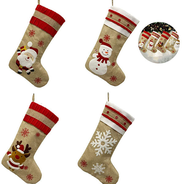 Ny julstrumpa jute set 4 delar broderad linne KLB