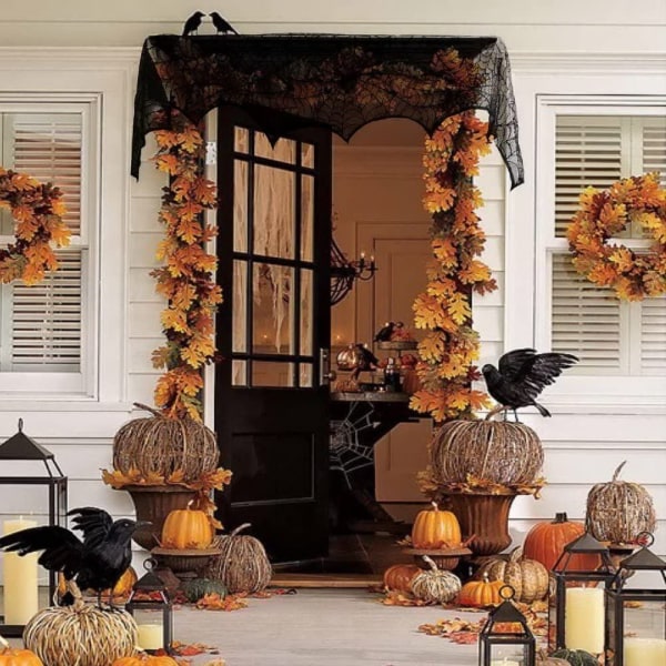 Dekorasjon til Halloween Halloween Black Lace Spiderweb Peis Mantel Skjerf Deksel for Halloween Festartikler 49x96 Tommer
