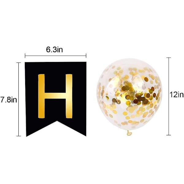 Onnellista syntymäpäivää syntymäpäiväilmapallot ja 5 kpl konfettipalloa, Onnellista syntymäpäivää banneri tyttö poika helium syntymäpäiväjuhlan koristelu (musta banneri)