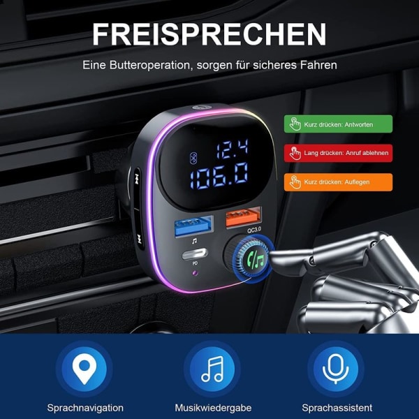 Bluetooth-adapter til bil, Bluetooth FM-sender med QC3.0 & PD3.0 Type C