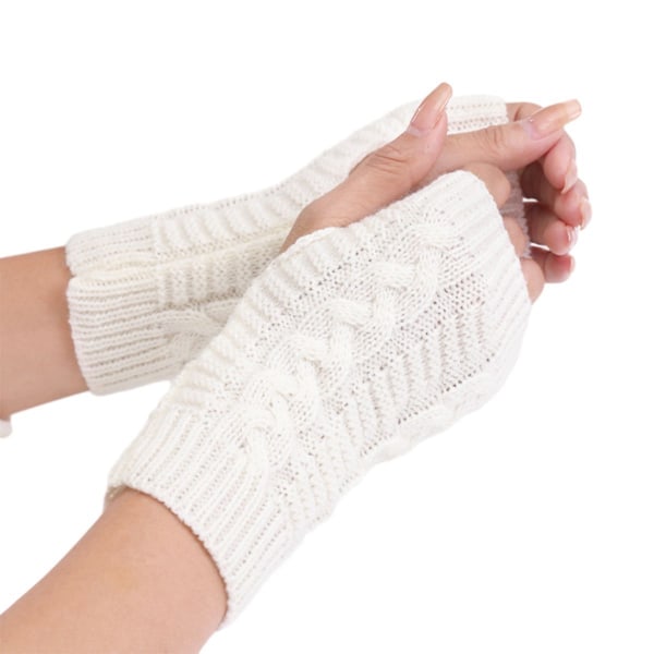 Ribbede håndledsarmvarmere Stretchy kabelstrikkede fingerløse handsker Hvid KLB
