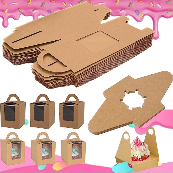 25 stykker (brune) Bærbare Cupcake-bokser, Individuelle Cupcake-bokser med vindu, med PVC-innsats og håndtak og utstillingsvindu, for bursdagsfest bryllup