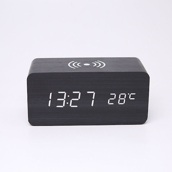 Svart digital LED-klocka, 150 mm × 70 mm × 70 mm trådlös laddningsträväckarklocka