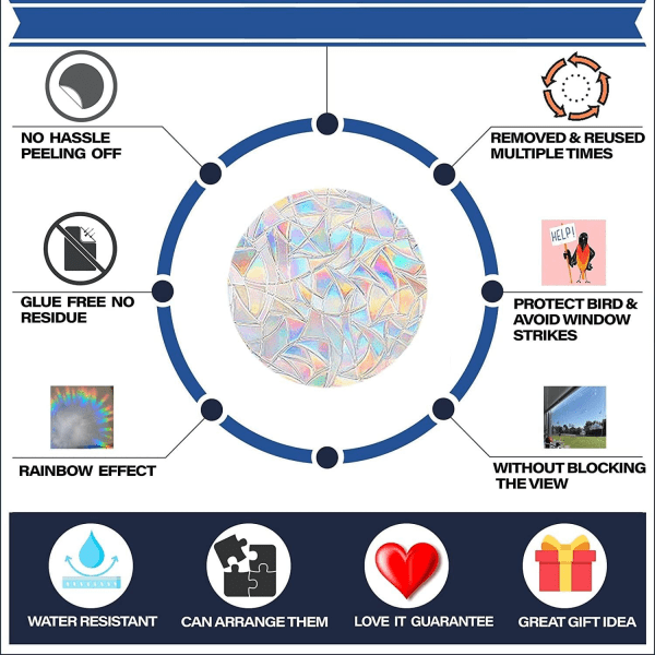 10 kappaletta pyöreä ikkunan kiinnitys - törmäyssuojattu ikkunatarra lintujen estämiseksi törmäämästä ikkunaan, ei-tahmea prismaattinen vinyyli-ikkunakiinnitys