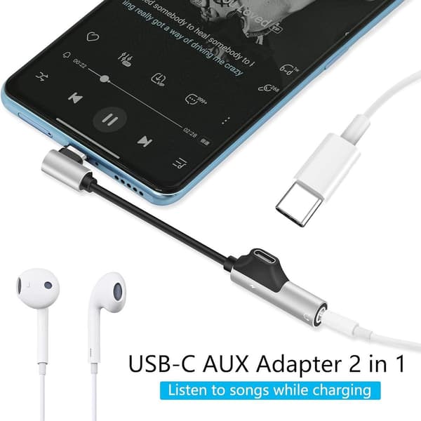 USB-C til 3,5 mm hovedtelefonstikadapter og oplader 90 grader