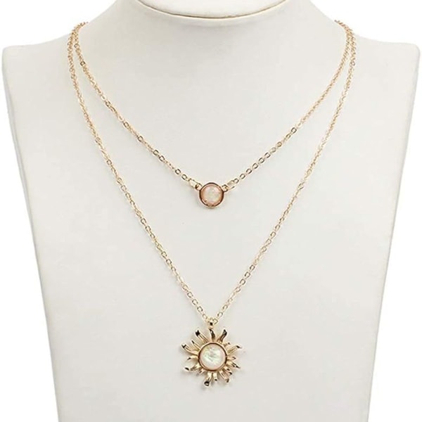 Måne Sol Skiktad Choker Dubbel Kedja Solros med Kristallhänge Charm KLB