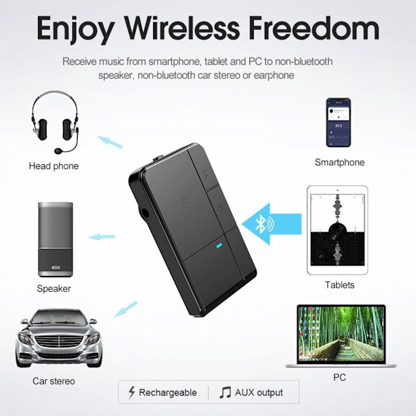 Bluetooth V5.0-mottaker, trådløs Aux Bluetooth-adapter, bærbar KLB