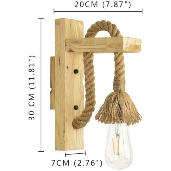 Vägglampa i retrodesign, trä med hamprep, för hall och hotell