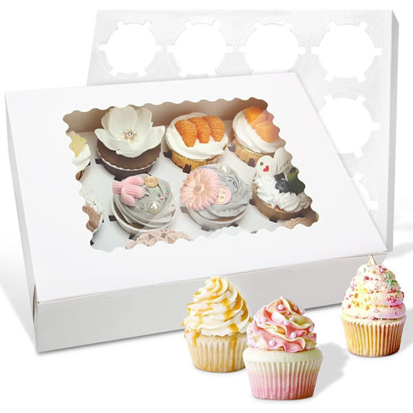 12 kpl 12-reikäisiä cupcake-laatikoita ikkunalla, Valkoinen, 32,7 x 25 x 9 cm (13 x 9,8 x 3,54 tuumaa)