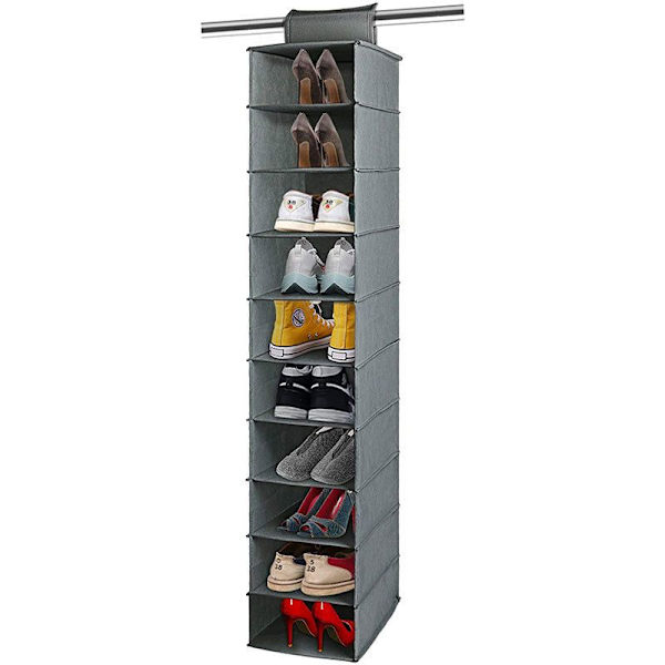 120*30*15cm Non-Woven Foldbar Skoreol (Grå & Sort) - Hængende Skoreol med 10 Bokse - Bøjle er Perfekt til Opbevaring af Punge, Tasker eller Sko