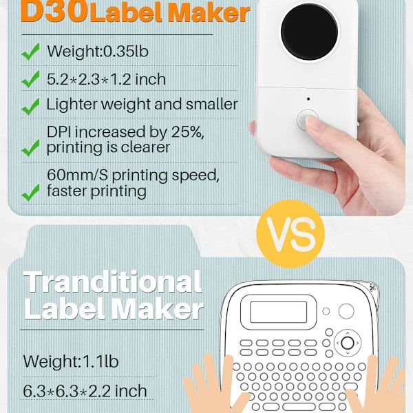 Etiketprinter D30 2021, bærbar etiket til trådløs forbindelse, hvid