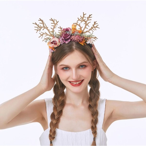 Amosfun Ren Antlers Hårband med Blommor Jul Hårtillbehör Älg Antlers