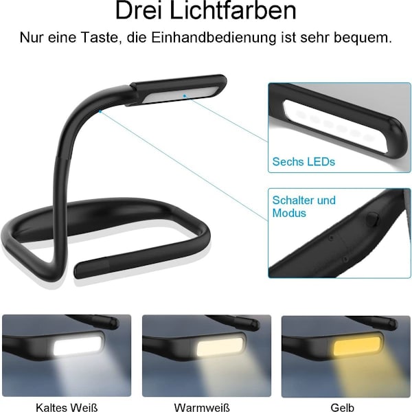 LED-läslampa för bok 1800mAh boklampa dimbar 6 LED-färgtemperatur KLB