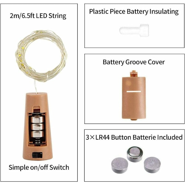 9x20 LED-bokslys, korkbokslys LED-lyssnorlyskæder DIY-bokselys, varm hvid KLB