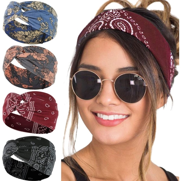 Boho Hårbånd, Elastisk Turban Hårbånd Knutede Hårbånd Hårtilbehør, Brede Hårbånd for Kvinner og Jenter Yoga Sports Hårbånd - 4 Stykker