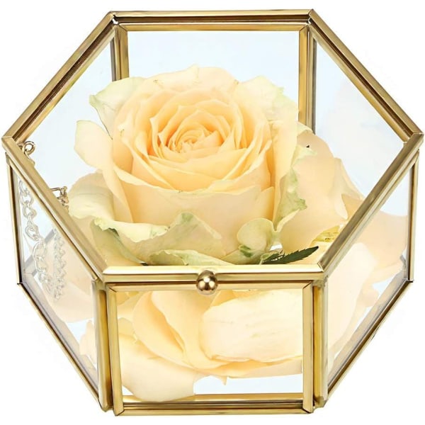 Konserverad blomsterglaslåda, dekorativ sexkantig smyckeskrin i glas, utsmyckad prydnadsföremål, minneslåda, present för kvinnor och flickor