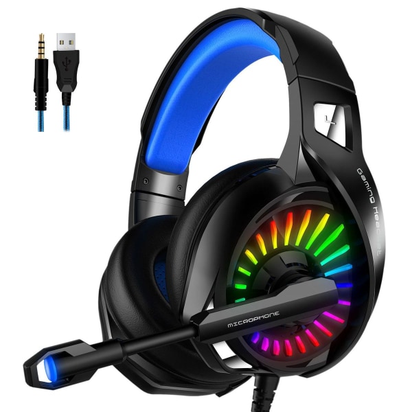 Peliheadset valkoinen, jossa melunvaimennusmikrofoni ja värilliset RGB-valot