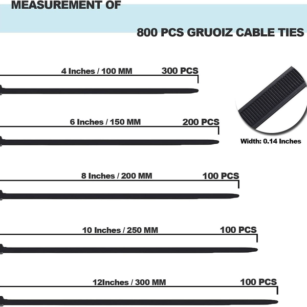 Genlukkelige kabelbindere (100/150/200/250/300 mm) Pakke med 800 KLB