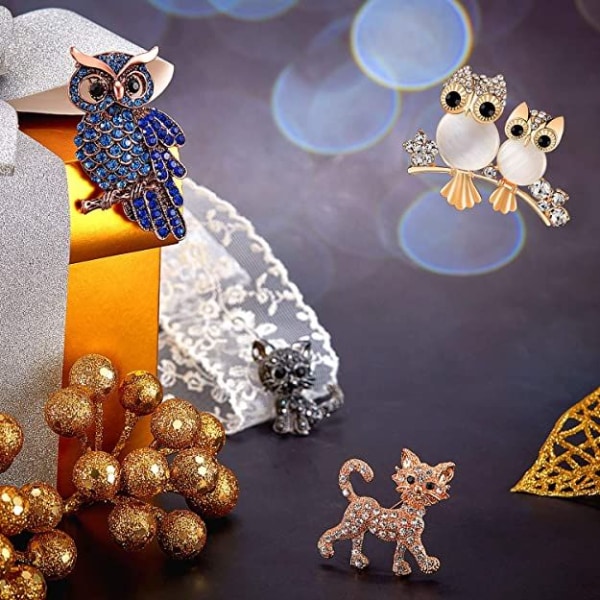 2 Pieces Pin Rhinestone Animal Brooch Rhinestone Owl Brooch Pins Crystal Cat Brooches for Women Girls Birthday Gift Wedding Party Supplies Christmas