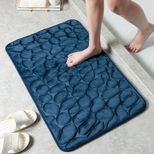 Pebbles Texture Polyester Rectangular Bath Mat, Quick Dry, Non-Slip, Carpet for Home, Bathroom, Kitchen, Bedroom (Navy, Size: 40x60cm) KLB