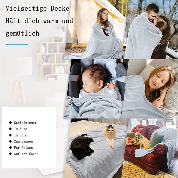Flannel tæppe, pomponer, hyggeligt tæppe, sofa tæpper - fleece tæppe til sofa, hvid
