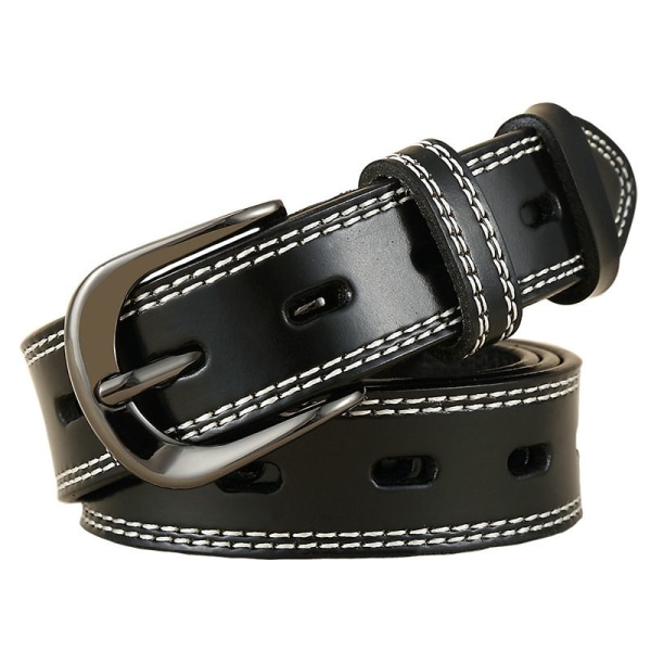 Hult belte i ekte skinn (svart 110 cm), spennebelte for kvinner, antikk uformelt belte
