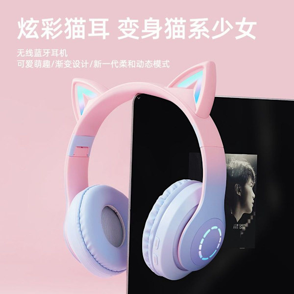 Trådløst Bluetooth-headset med katteøre, LED-lys, rosa og blå gradient