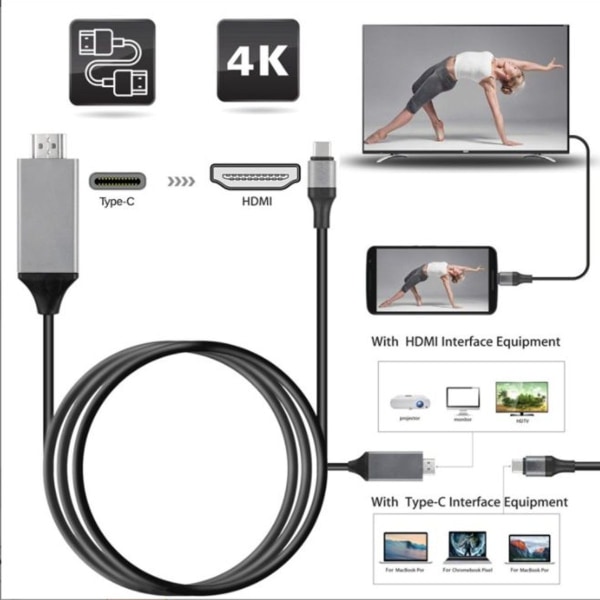 S8 S9 Mobiltelefon Adapter Kabel Typ C till HDMI USB3.1 Android Svart