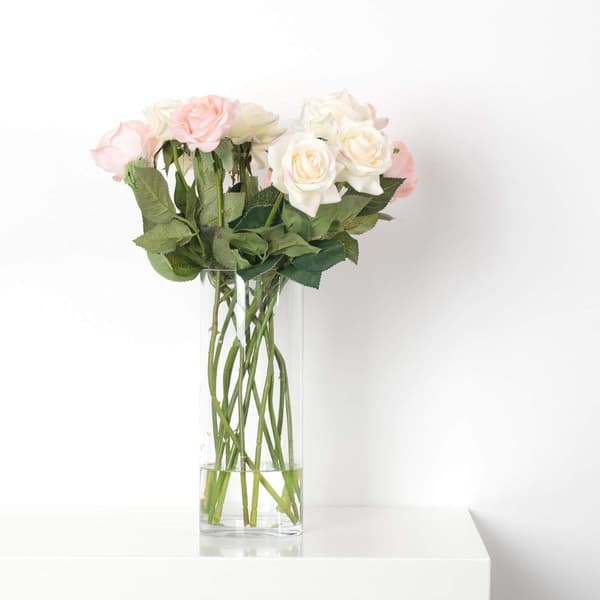 Cylindrisk glasvase, diameter 5\", højde 12\", klart blomstermønster
