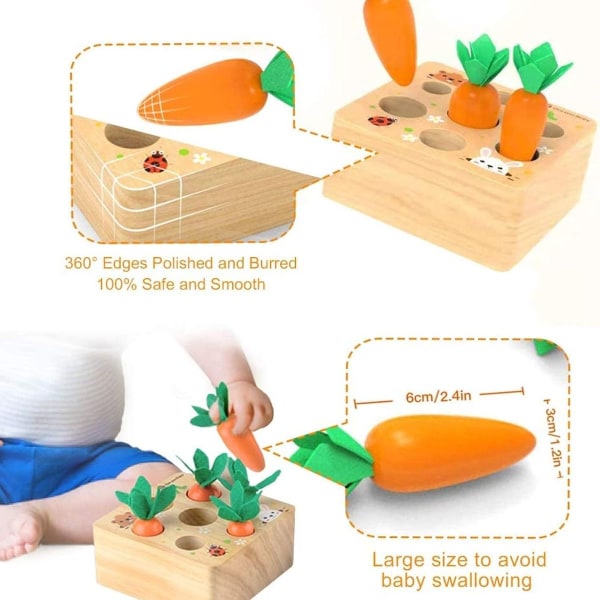 Trælegetøj Montessori, gulerodslegetøj, sortering af vildttræ til KLB
