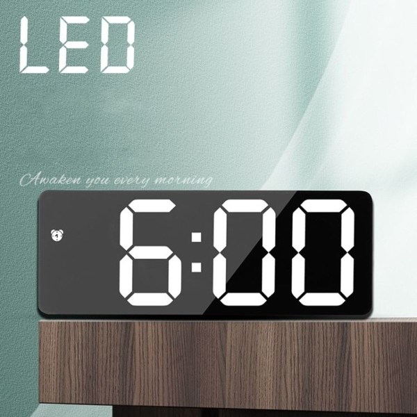 Batteridriven LED-väckarklocka för sängbord, rektangulär, svart
