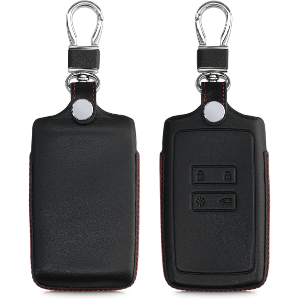 Case kompatibel med Renault Smart Key 4-knappar (endast Keyless Go)- Svart-Rött-Äkta läder Cover med nyckelring