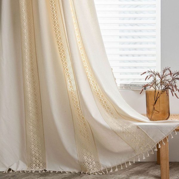 Bistro gardin, boho kort gardin, beige med kvaster, panelgardiner, KLB