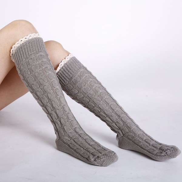 Kvinners lårhøye sokker Kabelstrikket Over Kneet Boots Lys grå KLB