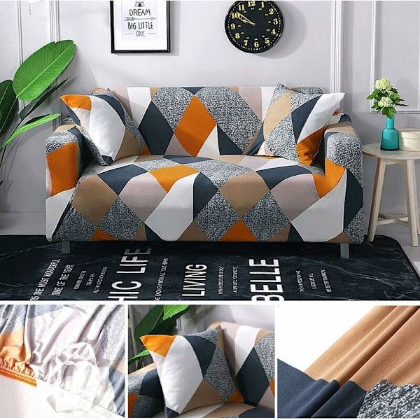 Trykt stræksofaovertræk, moderne skridsikkert 1/2/3/4 sæders elastisk sofaovertræk (2 sæders sofaovertræk: 141-180cm, Multicolor-Square) KLB