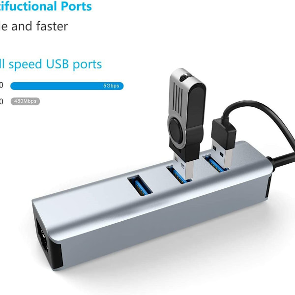 USB 3.0 til Ethernet-adapter, 3-port USB 3.0-hub med RJ45