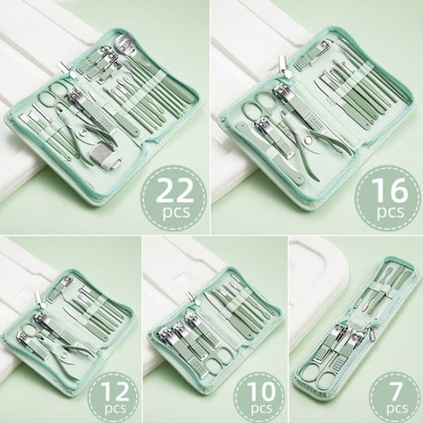 Rustfrit Negleklipper Manicure Værktøjssæt - 12stk/sæt (Grøn)