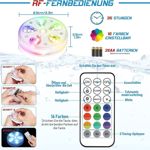 Vanntett LED-bassenglys for hage med RF-fjernkontroll, timer