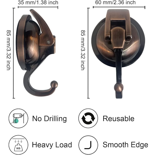 Sug kop krog, stærk og robust krog, vakuum sugekop brusekrog, genanvendelig, badeværelse, køkken, toilet, (2 stk., bronze)