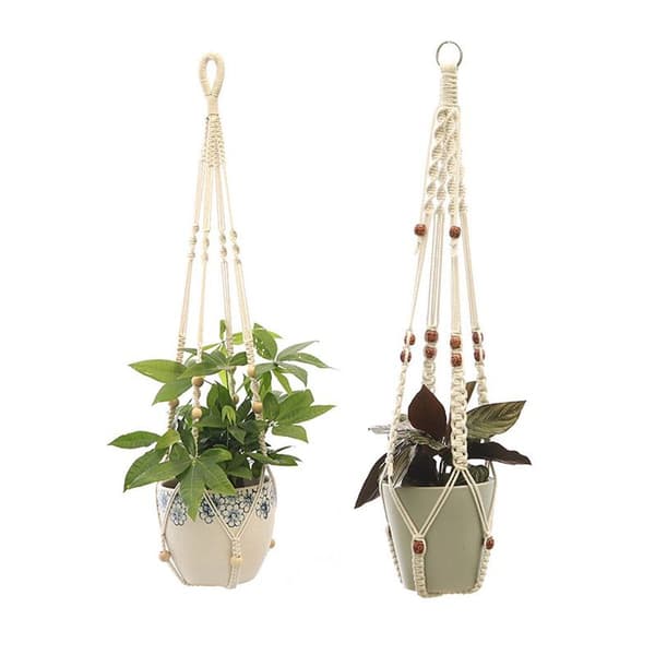 Set med 2 macramé hängande korgar, bomullstros hängande korgar, blomkruka växter