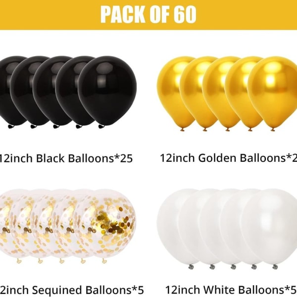 Svart gull ballonger, 60 stk svart gull hvit