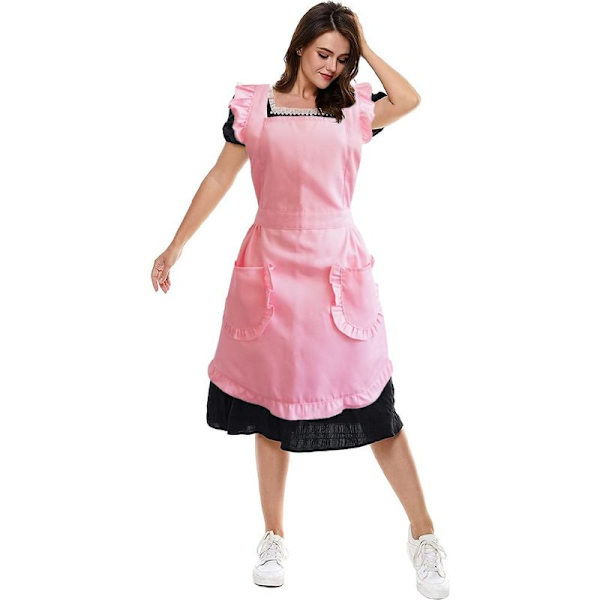 Justerbar retro-volangförkläde med fickor, storlek S till plusstorlek, rosa