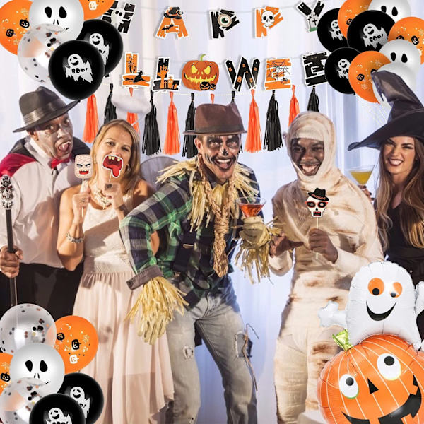 Halloween-ilmapallot - Halloween-koristeet, Halloween-seinävaatepaketti, 48 ilmapalloa, 25 valokuvarekvisiittaa, banderolleja, kurpitsoja, kirjainseppeleitä