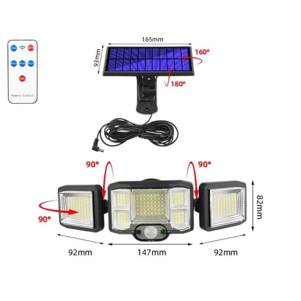 Fjernkontroll solcellevegglampe LED trehodet roterende induksjonsflomlys, Spe,B