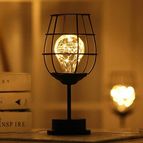 Sort metaltrådsbordlampe, moderne jernkurvstil nattelys, KLB