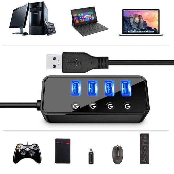 4-porters USB 3.0-hub med 4 USB 3.0-dataport og 1 USB Smart