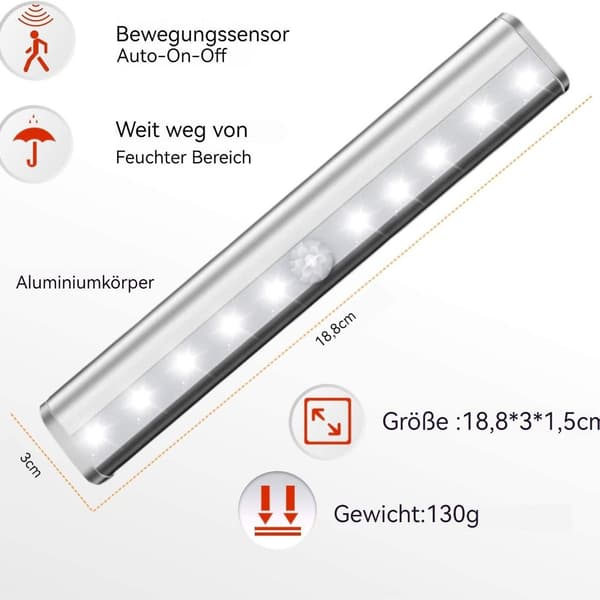 Skåpsbelysning med rörelsesensor 10 LED USB uppladdningsbar magnetisk KLB