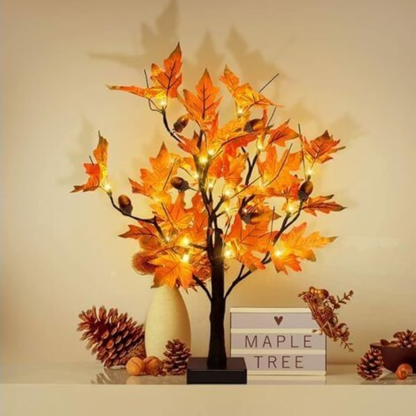 24 tommer efterår ahorntræ med agern, 24 PGHT LED, batteribaseret Thanksgiving bordplade dekoration kunstigt træ til hjemmekontor skrivebord