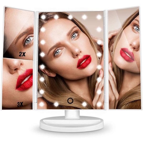 Forfengelighetsspeil, bordplate speil 3-sidig forfengelighetsspeil med 21 LED Foldable Dimmable 180 graders justerbar rotasjon 1X 2X 3X