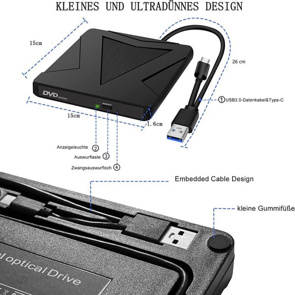 Ekstern DVD CD-stasjon USB 3.0 & Type-C Plug & Play bærbar CD DVD +/- KLB